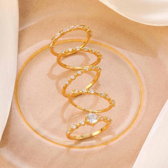 Trendy 5PCS Non-Tarnish Gold Stacking Rings with Cubic Zirconia - Size 6-10 - Picture 6 of 6